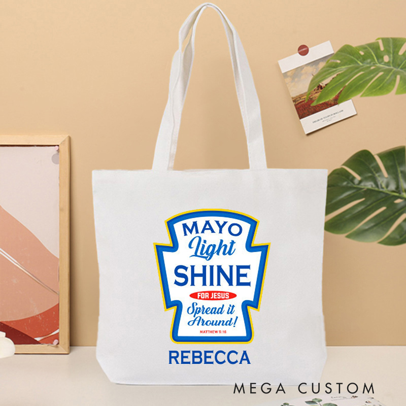 Personalized Mayo Light Shine for Jesus Canvas Tote Bag with Name Christian Matthew 5:16 Bible Verse Bag Jesus Bag Christian Gift for Jesus Lover