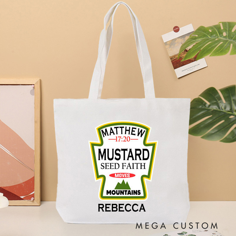 Personalized Mustard Seed Faith Moves Mountains Canvas Tote Bag with Name Christian Matthew 17:20 Bible Verse Bag Faith Bag Religious Christian Gift