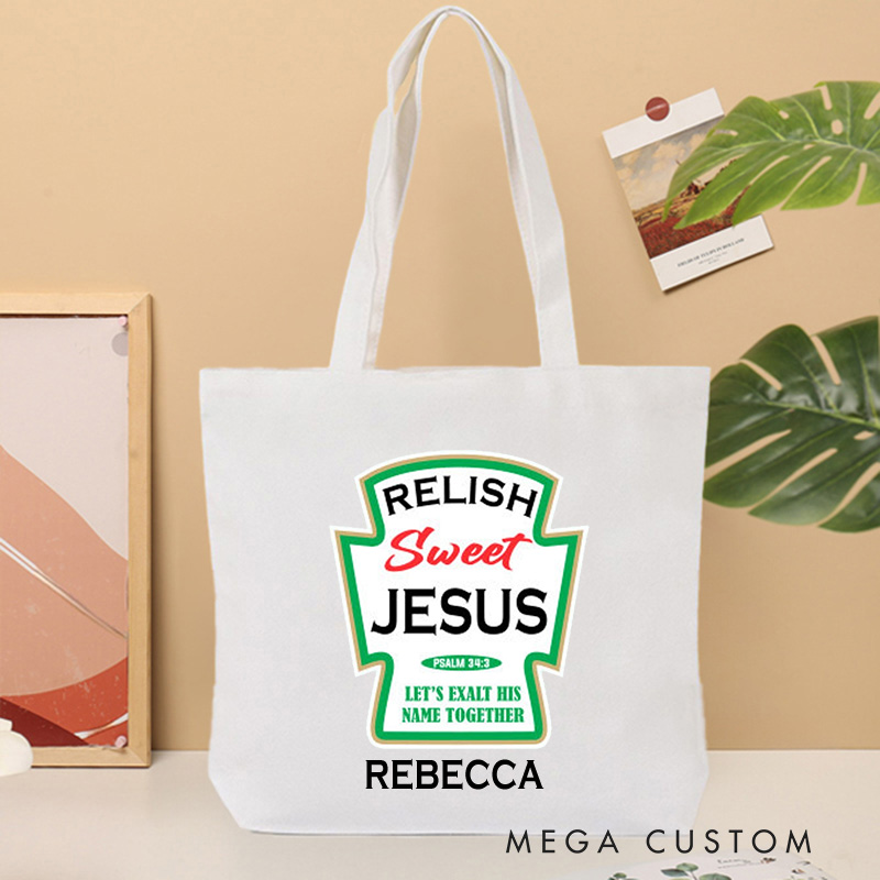 Personalized Relish Sweet Jesus Canvas Tote Bag with Name Christian Matthew 34:3 Bible Verse Tote Bag Pickle Bottle Jesus Tote Bag Jesus Lover Gift