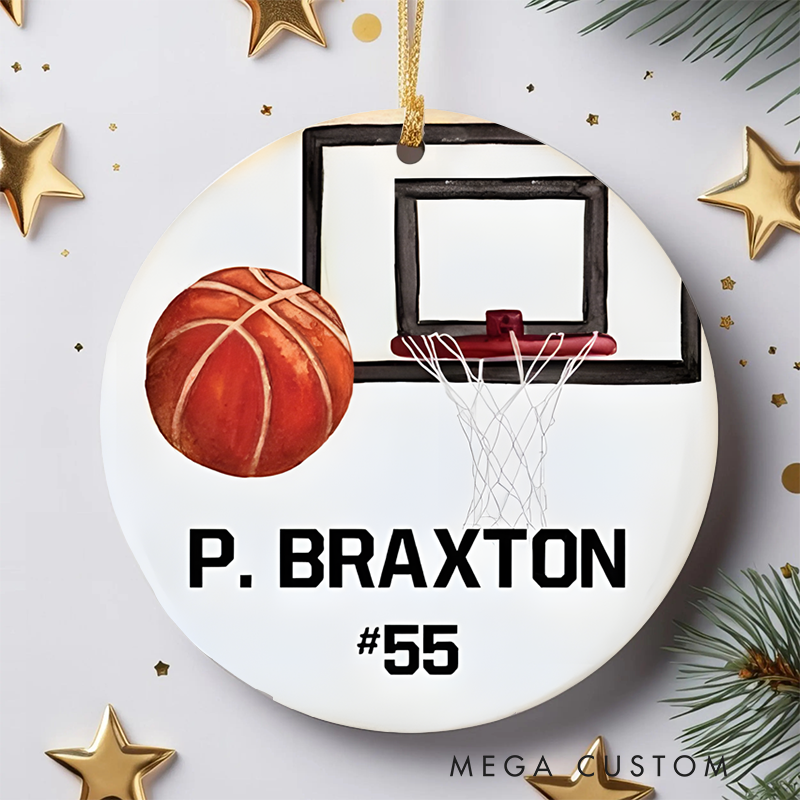 Personalized Basketball Christmas Ornament with Custom Name Number and Hoop Design Perfect for Athletes and Sports Fans