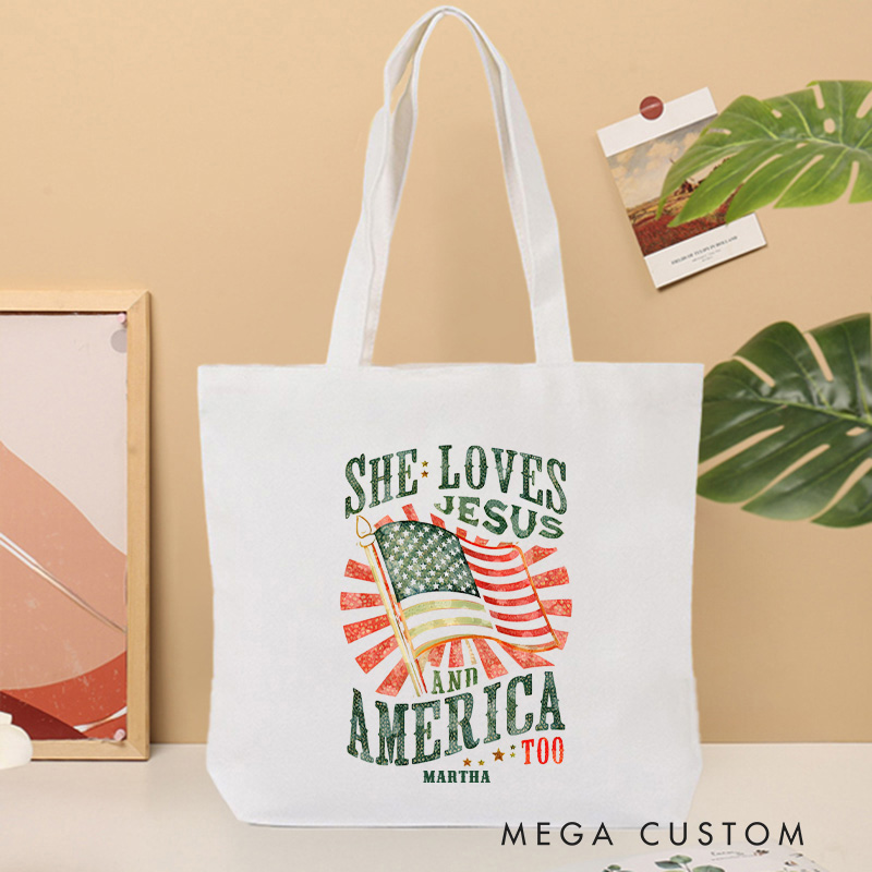 Personalized She Loves Jesus and America Too Christian Canvas Tote Bag with Name Jesus Aesthetic Tote Bag Religious Patriotic Gift for Jesus Lovers