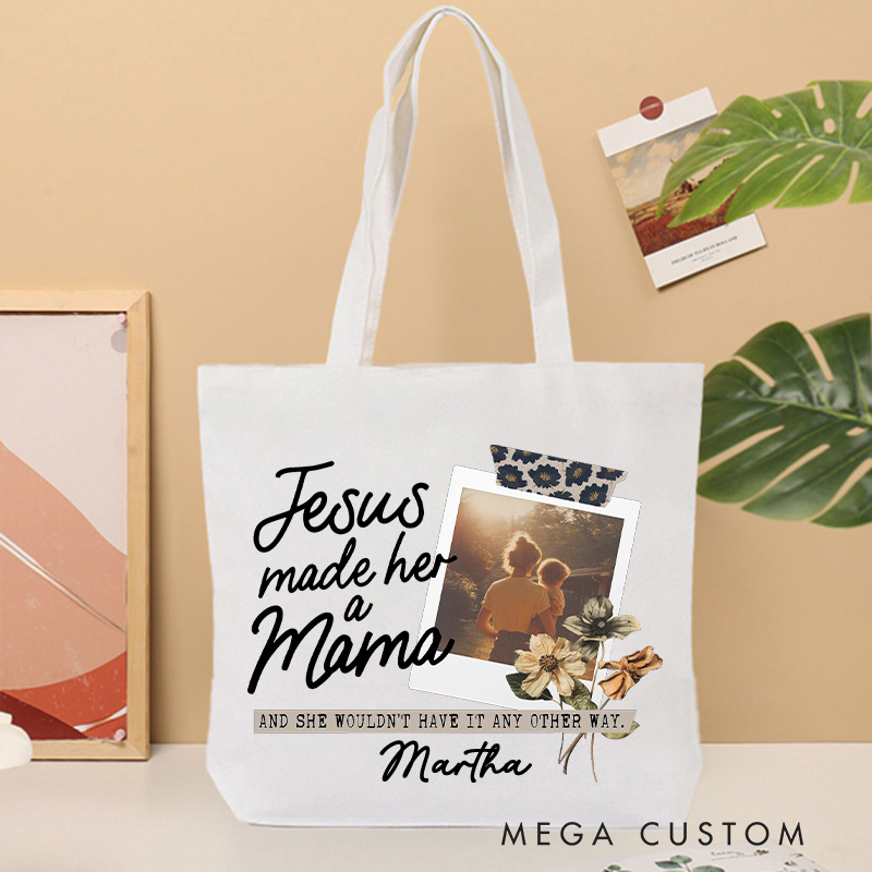 Personalized Jesus Made Her A Mama Christian Canvas Tote Bag with Name Custom Picture Mom Tote Bag Gift for Jesus Lovers Mother's Day Gift