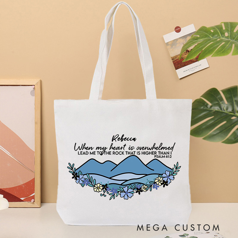 Personalized When My Heart is Overwhelmed Canvas Tote Bag with Name Christian 2 Psalm 61:2 Bible Verse Tote Bag Christian Gift Faith Based Gift