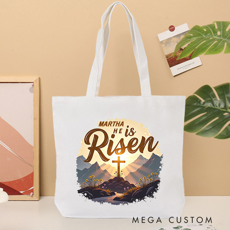 Personalized He is Risen Glory Christian Canvas Tote Bag with Name Radiant Resurrection Cross in Mountain Tote Bag Christian Gift Easter Gift 