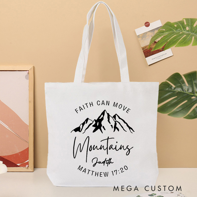 Personalized Faith Can Move Mountains Canvas Tote Bag with Name Christian Matthew 17:20 Bible Verse Tote Bag Faith Tote Bag Christian Gift Faith Gift