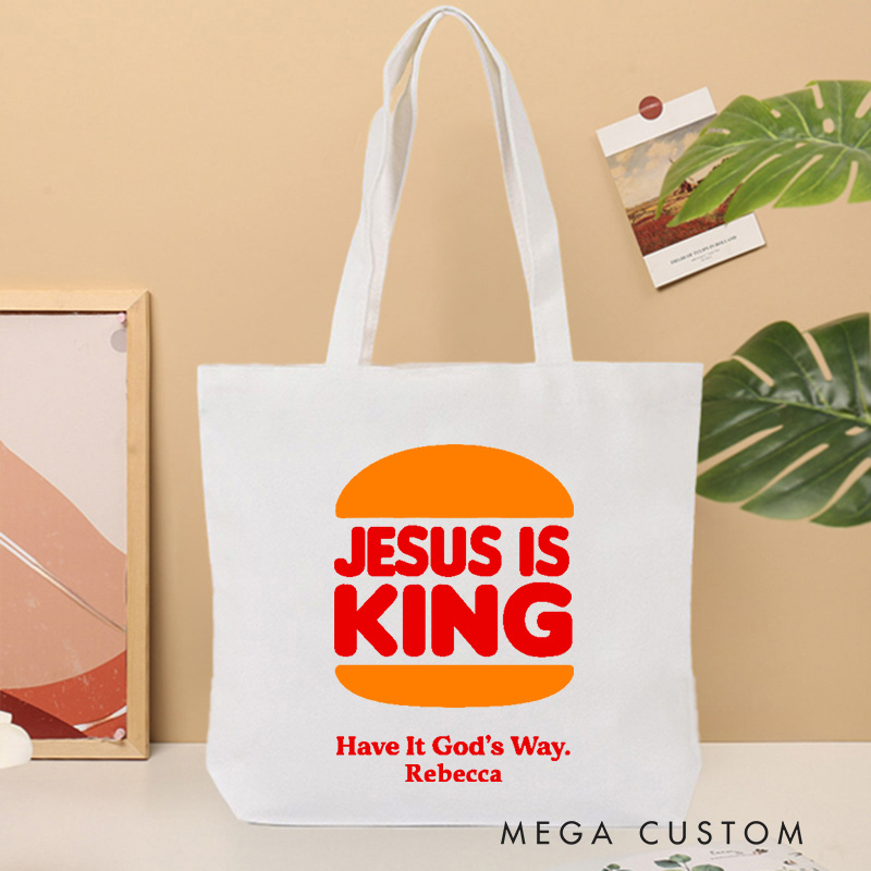 Personalized Jesus is King Christian Canvas Tote Bag with Name Fun Burger Jesus Tote Bag Faith Tote Bag Religious Gift Christian Gift for Jesus Lovers