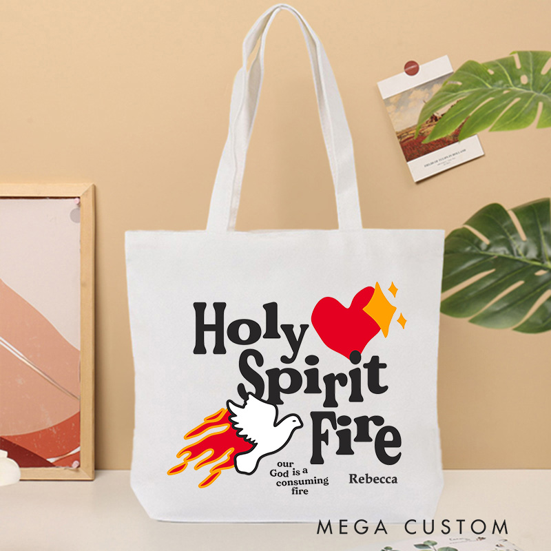 Personalized Holy Spirit Fire Christian Canvas Tote Bag with Name Our God is A Consuming Fire Tote Bag Dove Tote Bag Christian Gift Faith Based Gift