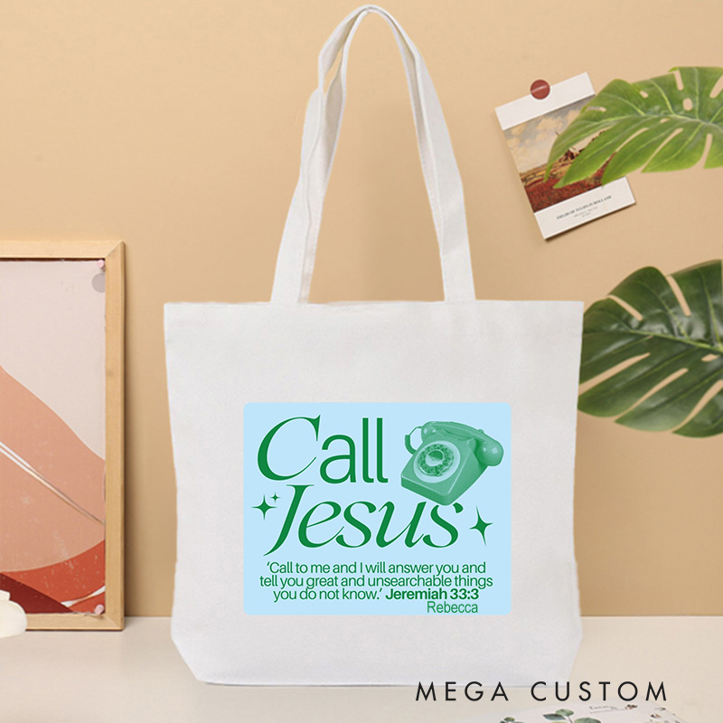 Personalized Call Jesus Canvas Tote Bag with Name Christian Jeremiah 33:3 Bible Verse Tote Bag Retro Telephone Tote Bag Christian Gift for Jesus Lover