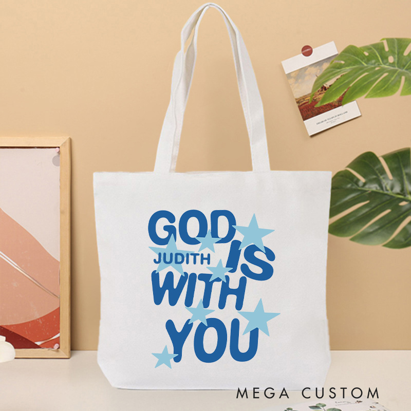 Personalized God Is with You Christian Canvas Tote Bag with Name Star with God Tote Bag God Tote Bag Religious Gift Christian Gift for Jesus Lovers