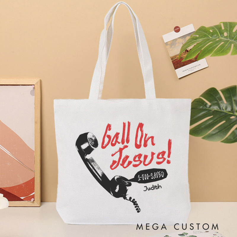 Personalized Call on Jesus Christian Canvas Tote Bag with Name Retro Telephone Tote Bag Jesus Tote Bag Religious Gift Christian Gift for Jesus Lovers