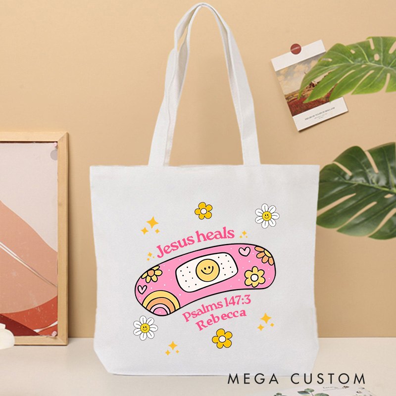 Personalized Jesus Heals Canvas Tote Bag with Name Christian Psalms 147:3 Bible Verse Tote Bag Cute Bandage Tote Bag Christian Gift for Jesus Lover