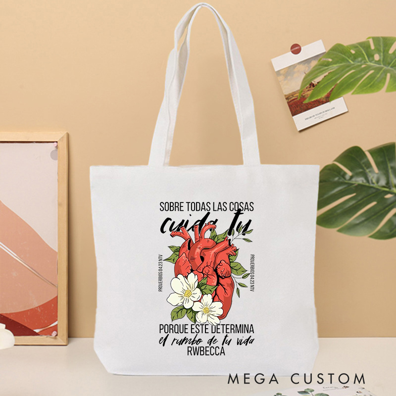Personalized Above All Else Guard Your Heart Canvas Tote Bag with Name Christian Proverbs 4:23 Bible Verse Tote Bag Heart and Flowers Tote Bag Gift