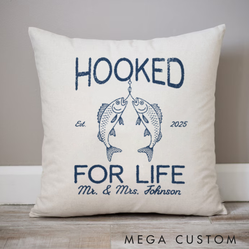 Personalized Hooked for Life Pillow Fishing Themed Gift for Couples