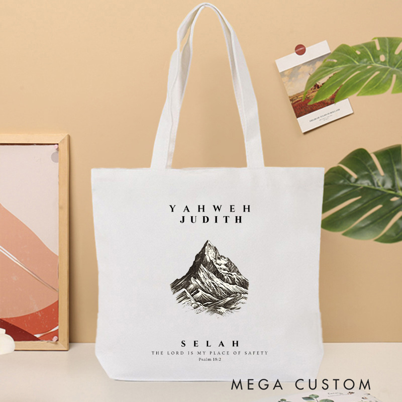 Personalized The Lord is My Place of Safety Canvas Tote Bag with Name Christian Psalm 18:2 Bible Verse Tote Bag Mountain Jesus Tote Bag Religious Gift