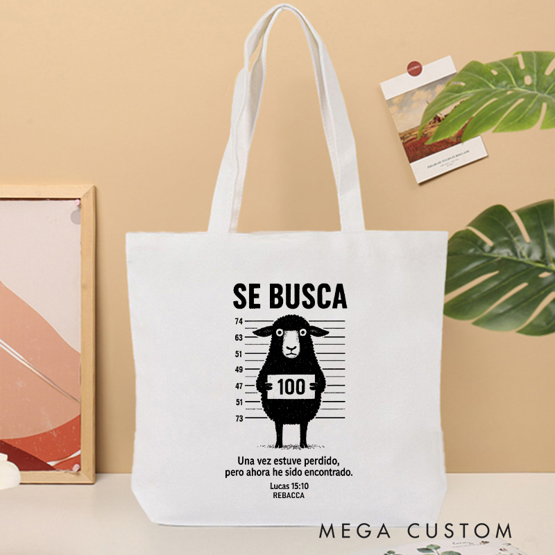 Personalized Se Busca Wanted Canvas Tote Bag with Name Christian Lucas 15:10 Bible Verse Tote Bag Once I was Lost But Now I am Found Sheep Tote Bag