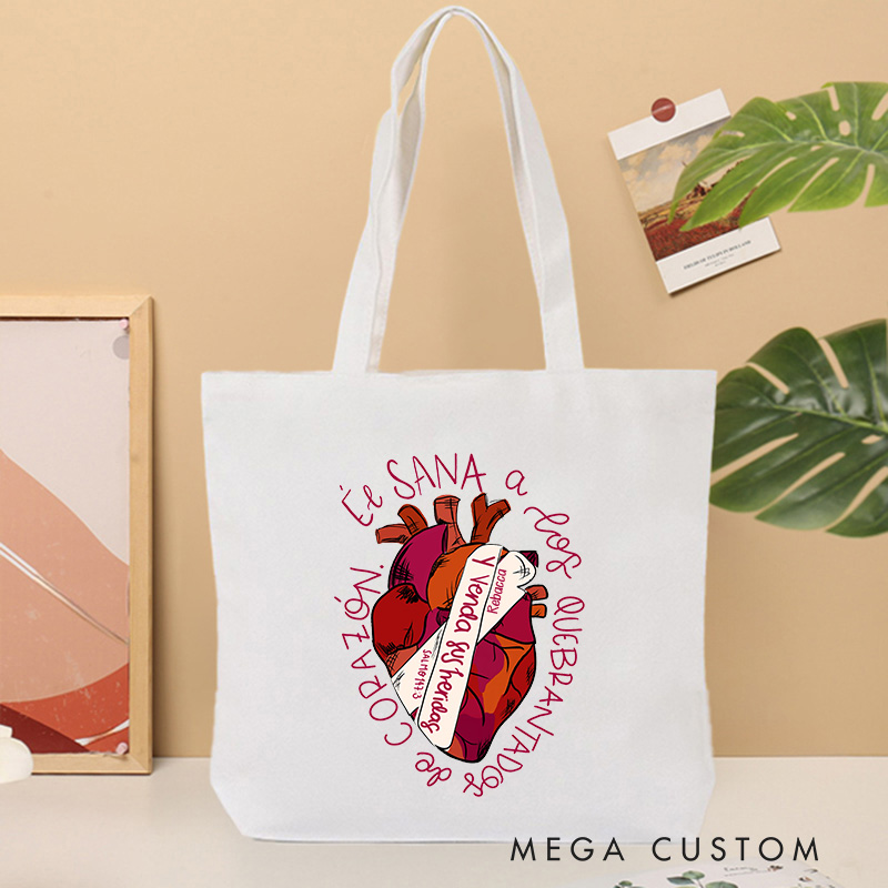 Personalized Jesus Heals Canvas Tote Bag with Name Christian Psalms 147:3 Bible Verse Tote Bag Heart Bandage Tote Bag Jesus Tote Bag Christian Gift