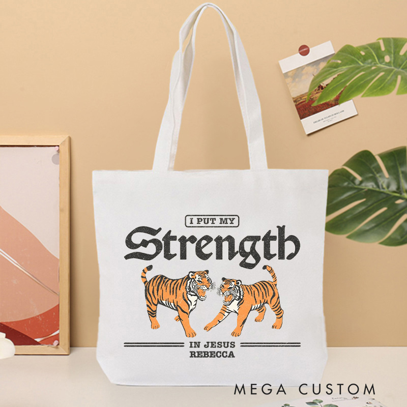 Personalized I Put My Strength in Jesus Canvas Tote Bag with Name Vintage Tigers Tote Bag Jesus Tote Bag Religious Gift Christian Gift for Jesus Lovers