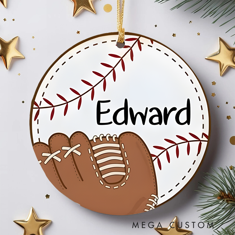 Personalized Baseball Christmas Ornament with Custom Name Glove and Ball Stitching Design for Sports Lovers