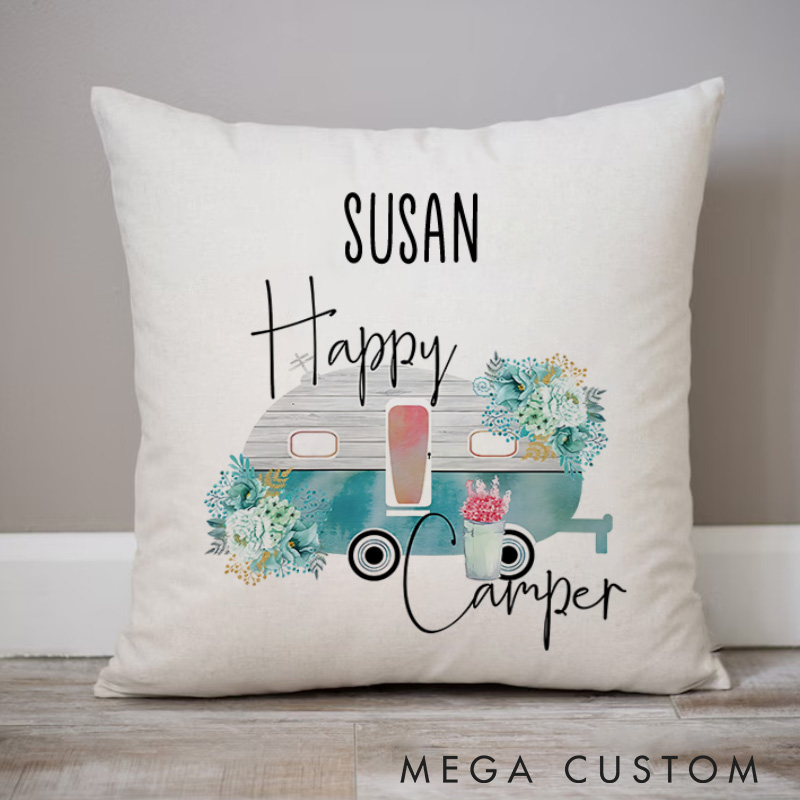 Personalised Happy Camper RV Pillow Camping Traveling Hiking Lover Pillow Gift Outdoor