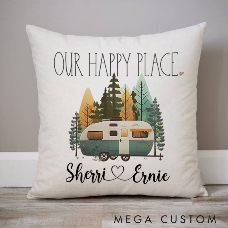 Personalised Our Happy Place Cute Camping Pillows Camping Traveling Hiking Lover Pillow Gift Outdoor
