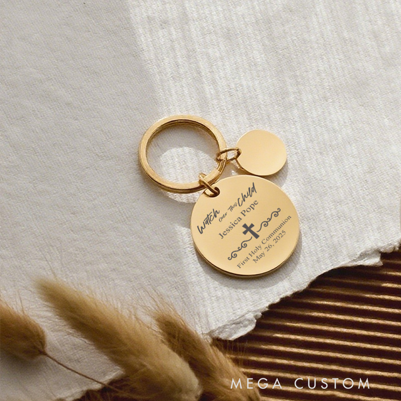 Personalized Watch Over This Child Bible Verse Stainless Steel Keychain with Name Bible Verse Baptism Gifts for Christian