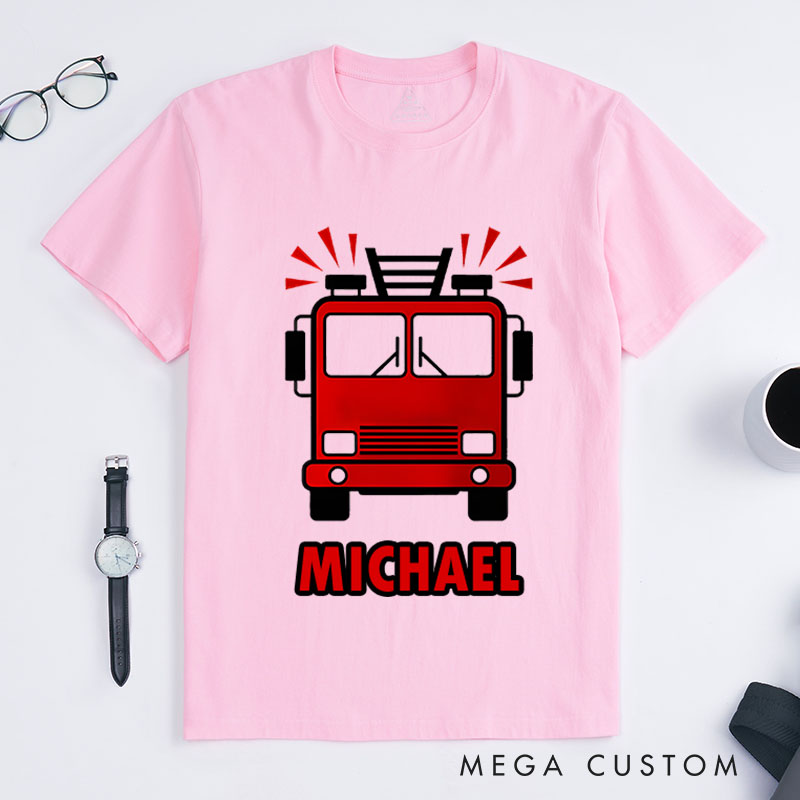 Personalized Firefighter T-Shirts  Front-Facing Fire Truck Fashion Design T-Shirts