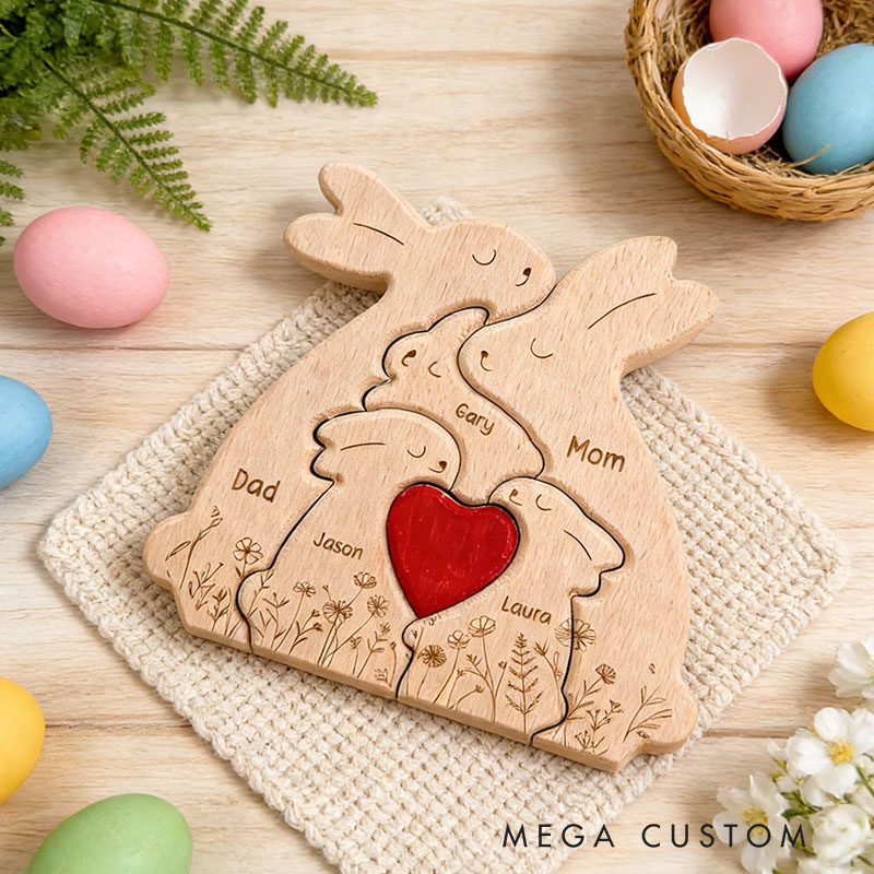 Personalized Wooden Bunny Family Decor Custom Engraved Name Sign Rustic Home Decoration Gift for Mom Dad Kids Birthday Mother's Day Father's Day