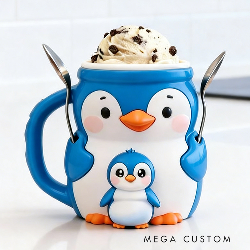 Personalized 3D Printed Penguin Ice Cream Pint Holder Spoon Slots & Snack Drawer Funny Kitchen Decor Cute Animal Gift