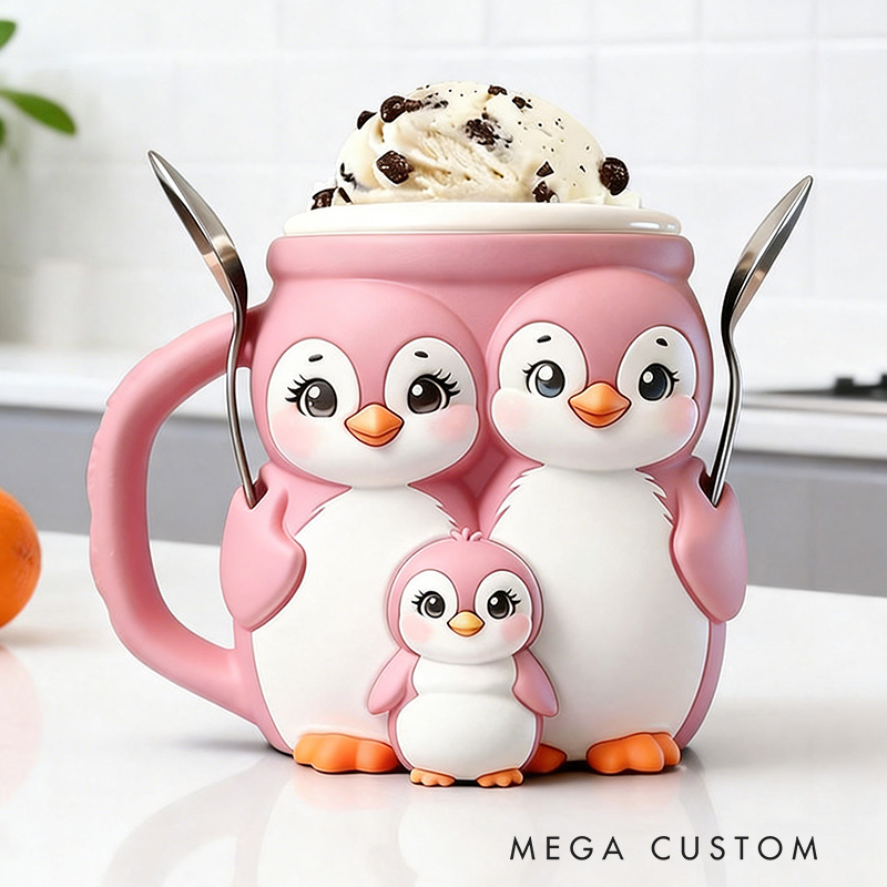 Personalized 3D Printed Penguin Ice Cream Pint Holder Spoon Slots & Snack Drawer Fun Kitchen Decor Animal Design