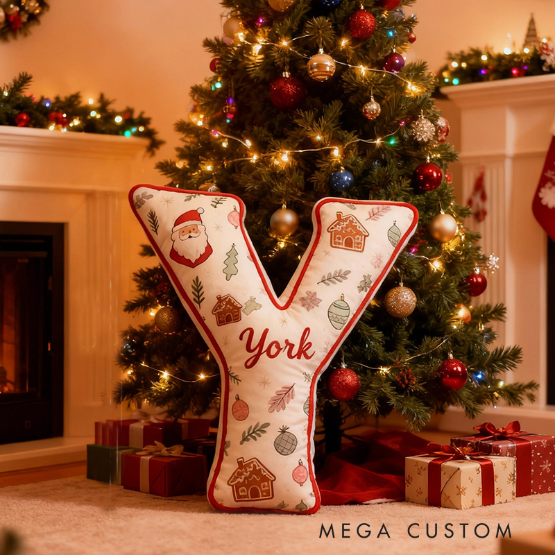 Personalized Christmas Letter Pillow Graphic 3D Print Custom Name Festive Decor with Santa Gingerbread Ornaments Design Soft Home Accent