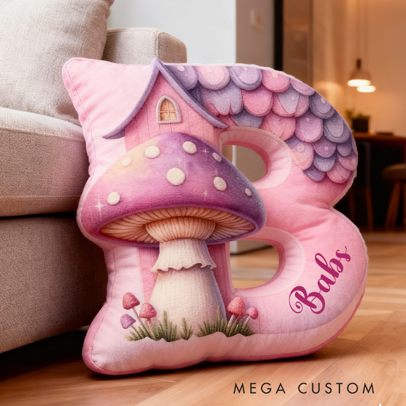 Personalized 26 Letter Housewarming Pillow Graphic 3D Print Custom Name Cozy Home Decor with Enchanting Mushroom House Design Soft Accent Cushion
