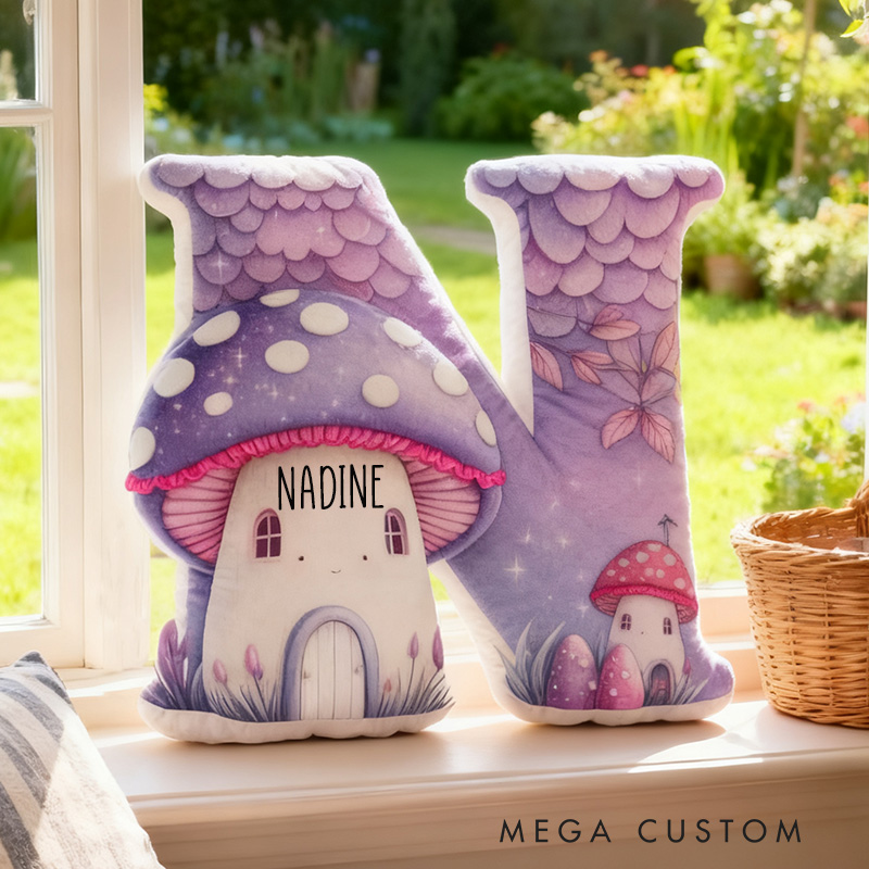 Personalized 26 Letter Pillow Purple Mushroom House Housewarming Pillow Graphic 3D Print Custom Name Cozy Home Decor Soft Accent Cushion