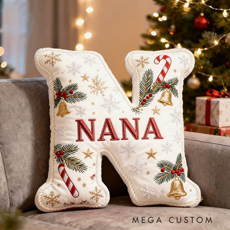 Personalized Christmas Letter Pillow Festive Holiday Decor Candy Cane and Bell Graphic 3D Print Cozy Custom Cushion for Living Room Soft Decorative White