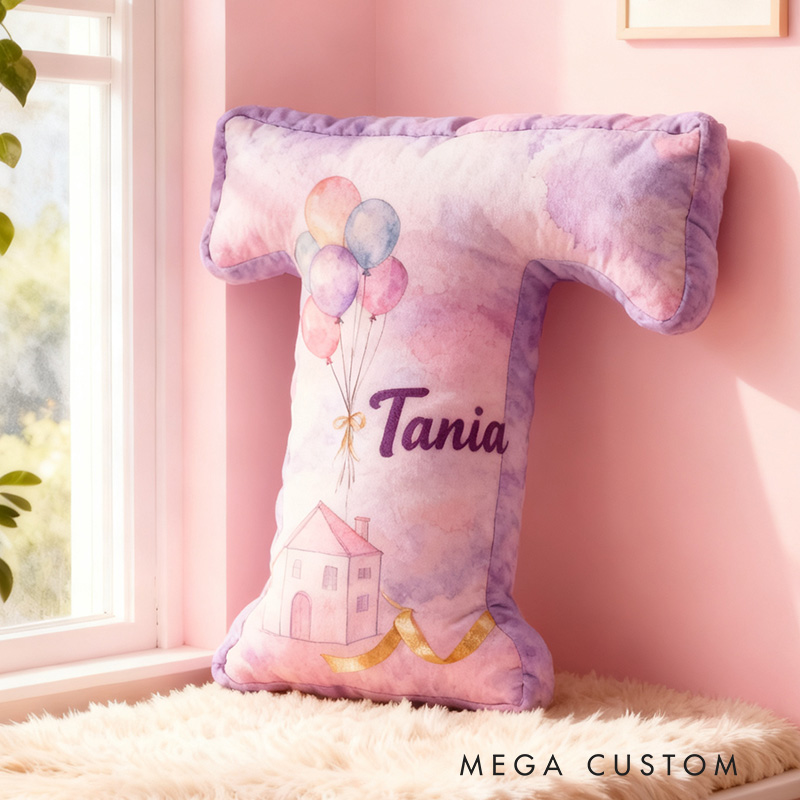 Personalized Purple Letter PillowHousewarming Pillow Graphic 3D Print Custom Name Cozy Home Decor with Dreamy Balloon House Design Soft Accent Cushion