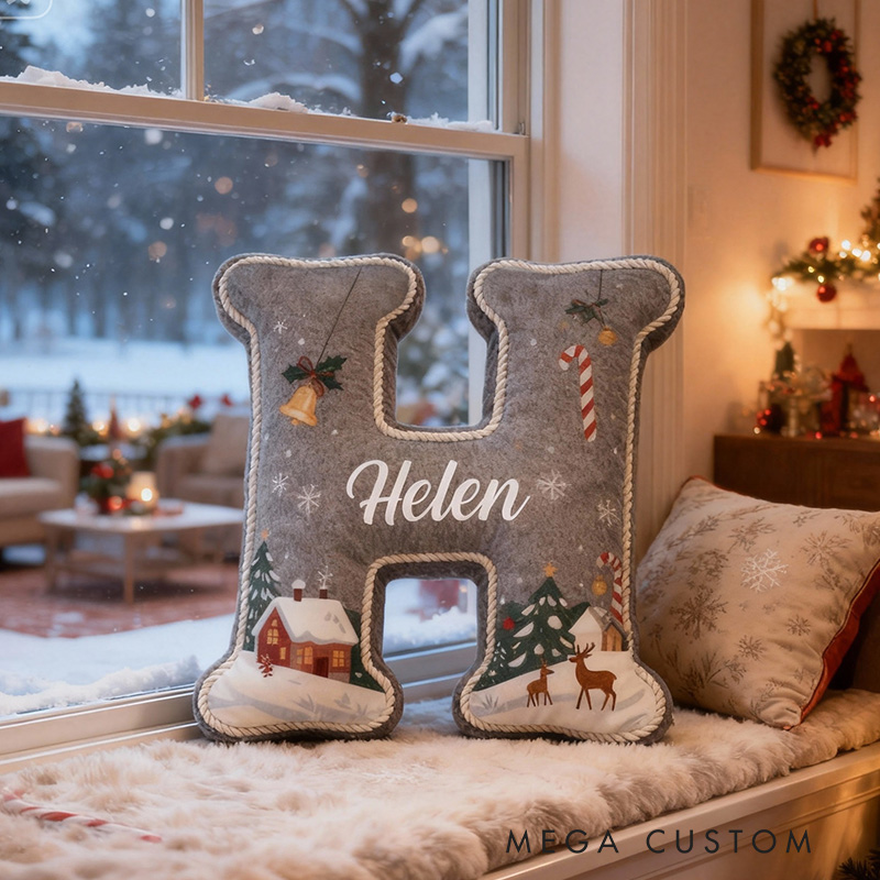 Personalized Christmas Letter Pillow Graphic 3D Print Custom Name Cozy Holiday Decor with Festive Winter Scene Candy Cane and Deer Design