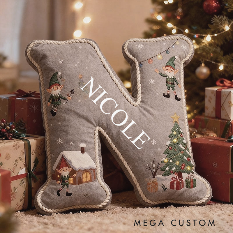 Personalized Gray Christmas Pillow Graphic 3D Print Custom Name Cozy Holiday Decor with Festive Elf and Christmas Tree Design Cushion Perfect Gift