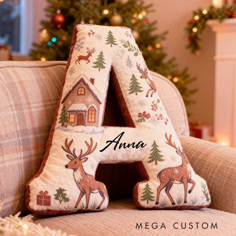 Personalized Christmas Letter Pillow with Winter Scene Design Custom Name Cushion Featuring Reindeer and Cabin for Holiday Home Decor Graphic 3D Print