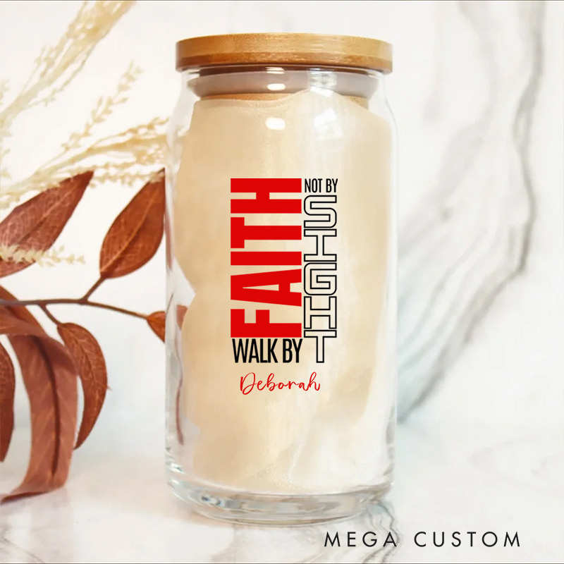 Personalized Christian Walk By Faith Not by Sight Glass Cup with Lid and Straw Birthday Religious Baptism Gift for Family Friends Christians