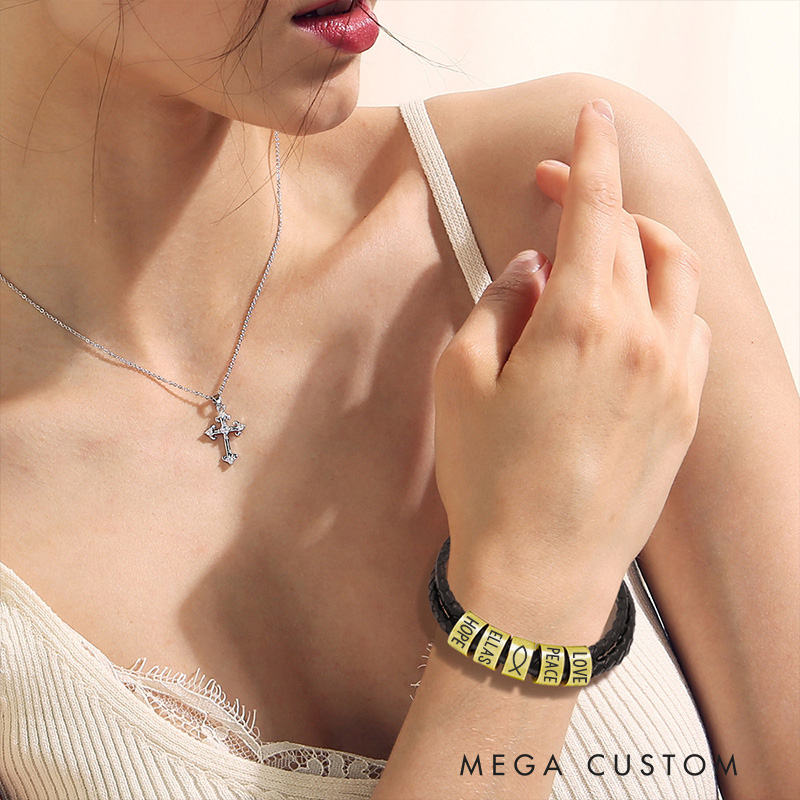 Personalized Braided Leather Bracelet with 1-6 Custom Name Beads for Baptism Birthday Back To School Confirmation Gift for Men Women