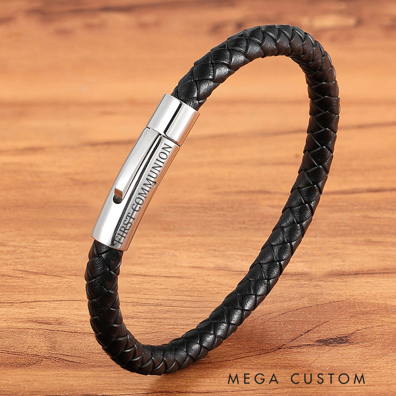 Personalized Braided Leather Bracelet with Custom Name Steel Clasp Religious Jewelry for Men Confirmation Gift Christian Gift for Dad Men Him