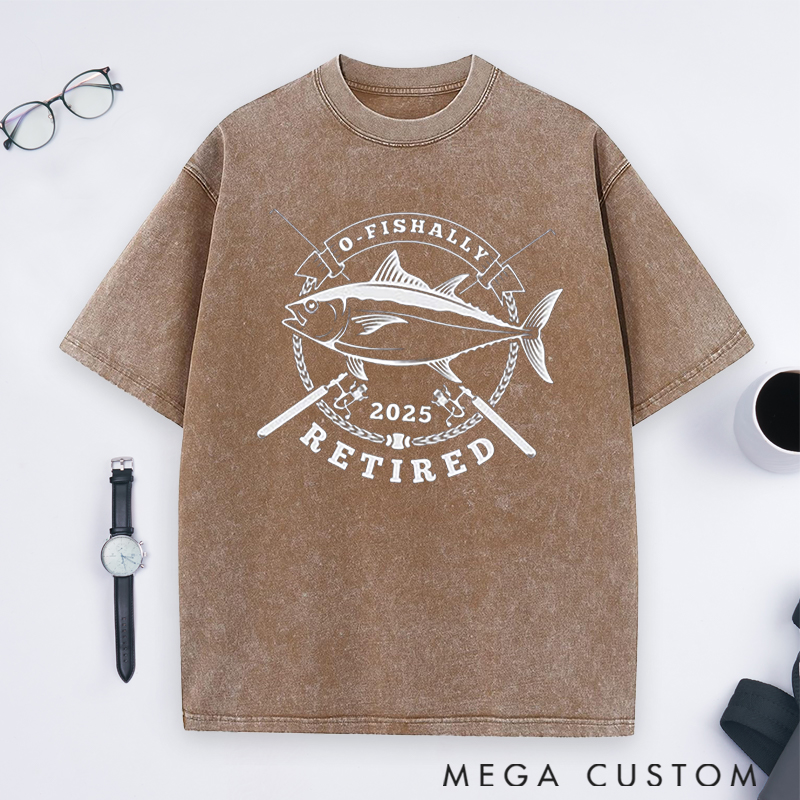 Personalized Fishing O-Fishally Retired Washed T-Shirt Great Retirement Gift for Fishing Lover Dad Grandpa