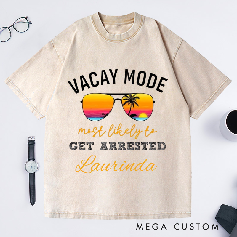 Personalized Vacay Mode Washed T-Shirts Summer Vacation Shirt Trendy Tee Colorful Patterned Shirt Gift For Traveler