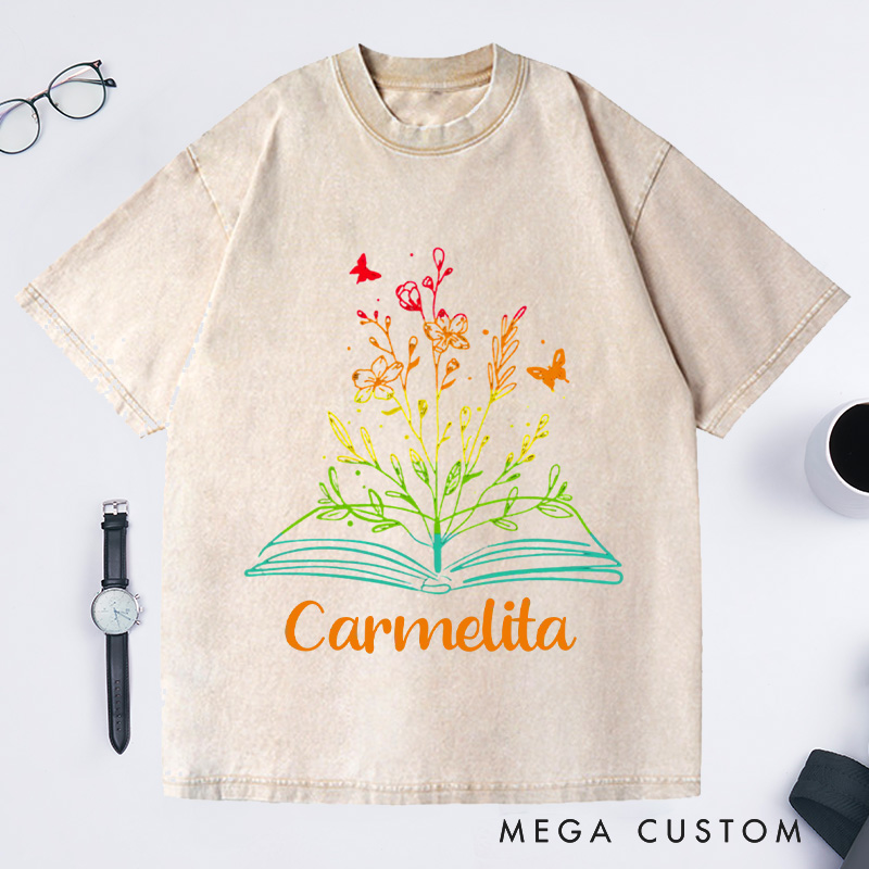 Personalized Book Flower Washed T-Shirts Library Shirts Book Reader Shirt Literary Shirt Book Lover Shirt Reading Tee