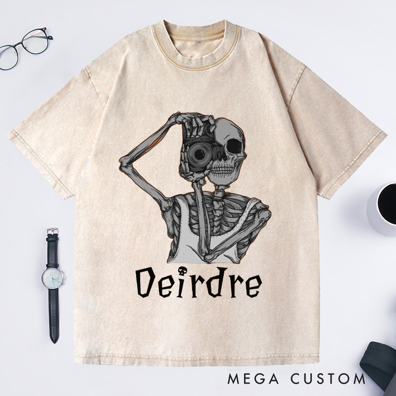 Personalized Skeleton Take Photos Washed T-Shirts Skeleton Shirt Funny Skeleton Tee Gifts For Those Who Love To Travel And Record Trip Lover Gift