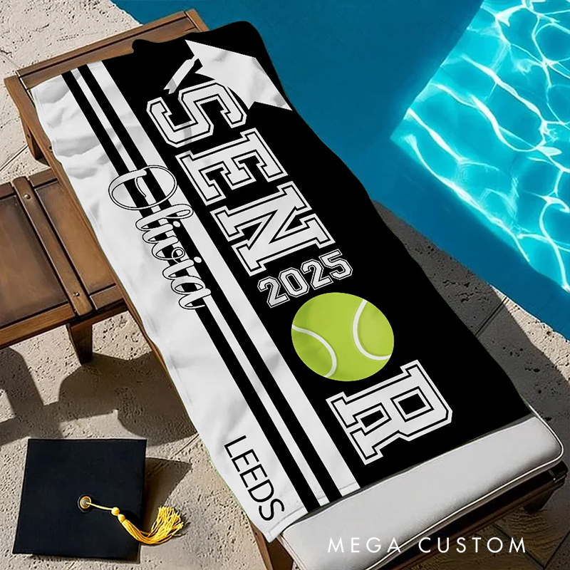 Personalized Senior Graduation Beach Towel with Custom Year Name Sports Theme and School Design