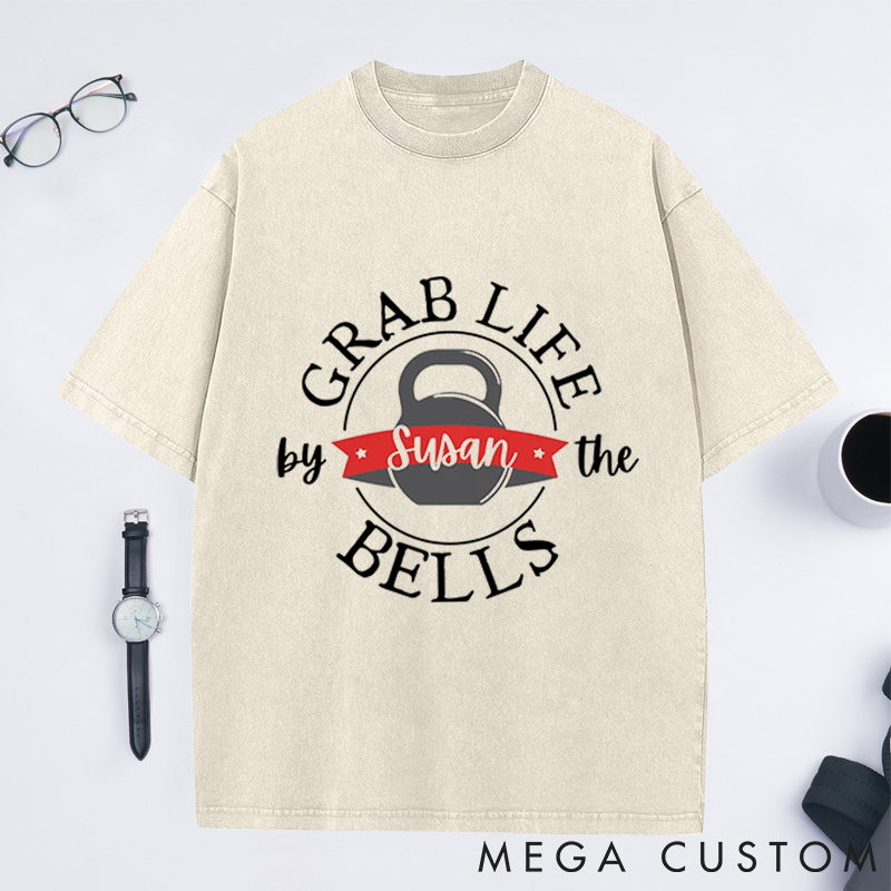 Personalized Kettlebell Washed T-Shirts with Motivational Grab Life by the Bells Design for Fitness Enthusiasts Bodybuilders and Gym Lovers