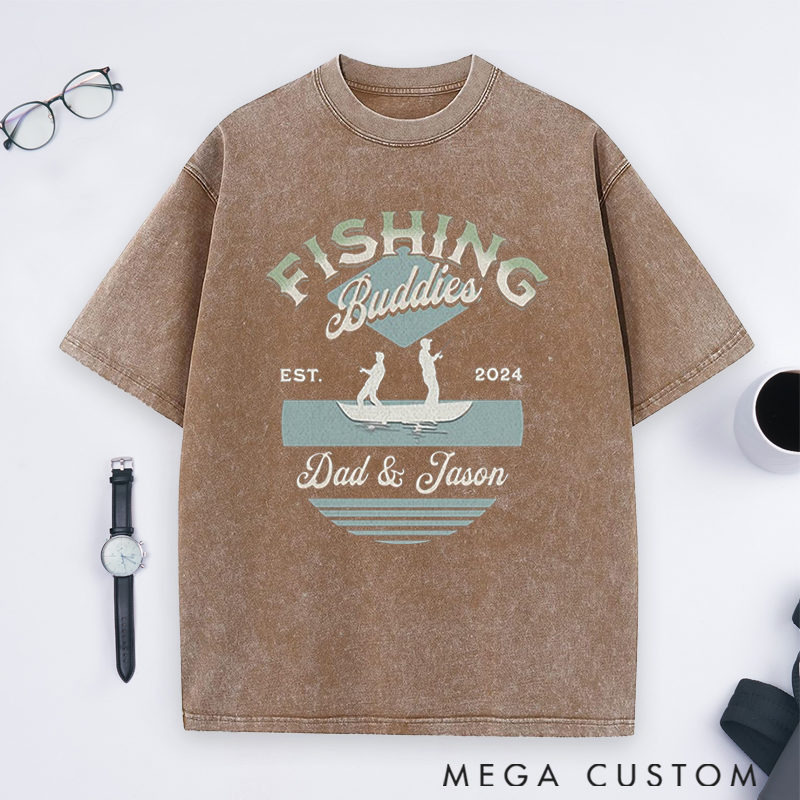 Personalized Fishing Buddies Washed T-Shirt with Father and Child Silhouette for Fishing Enthusiast