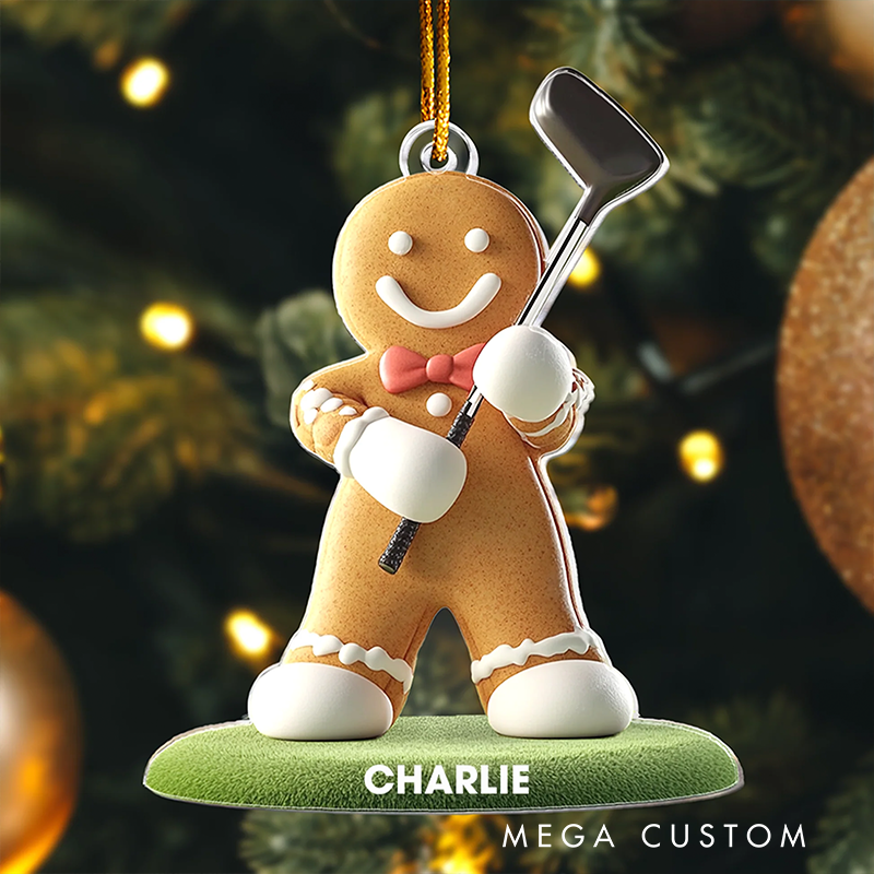 Personalized Gingerbread Golfer Christmas Ornament with Custom Name and Golf Themed Design