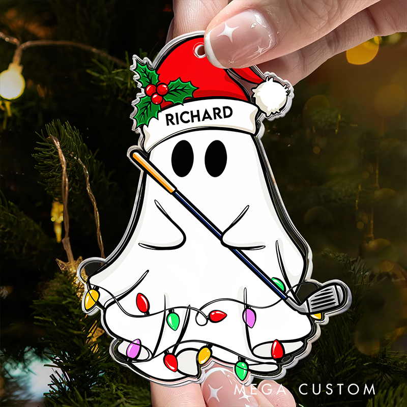 Personalized Christmas Ghost Ornaments with Custom Names and Festive Golf Design