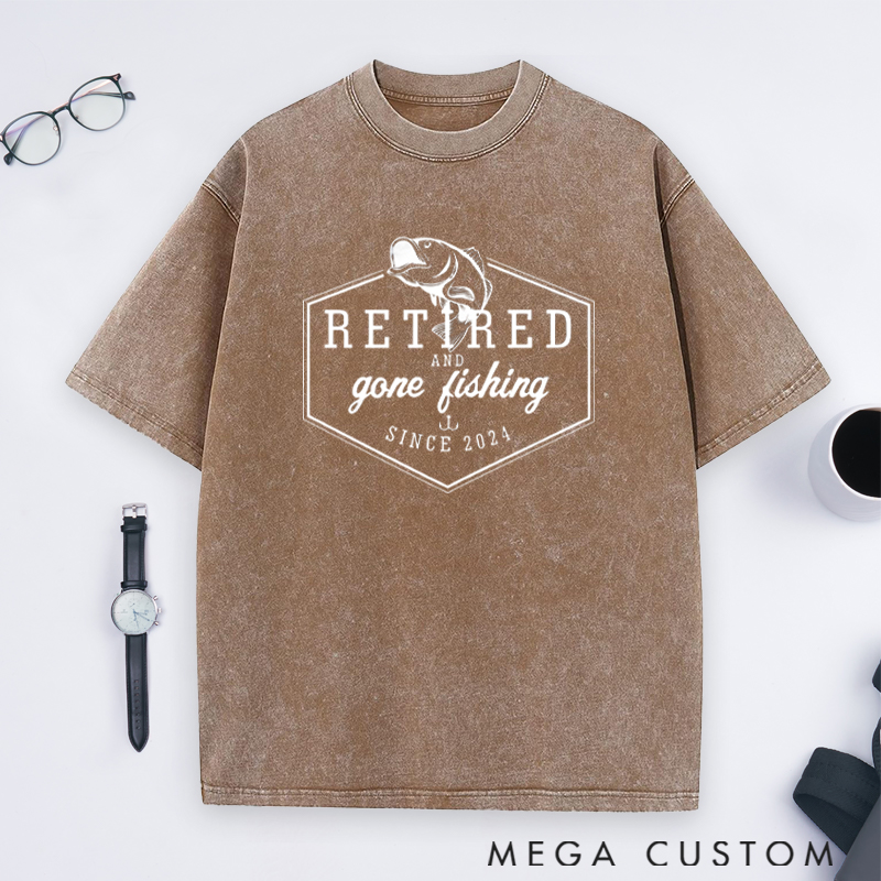 Personalized Retired and Gone Fishing Washed T-Shirt Retirement Gift for Fishing Outdoors Lover